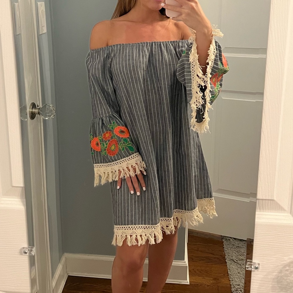 Velzera Pin Stripe Off Shoulder Embroidery Dress